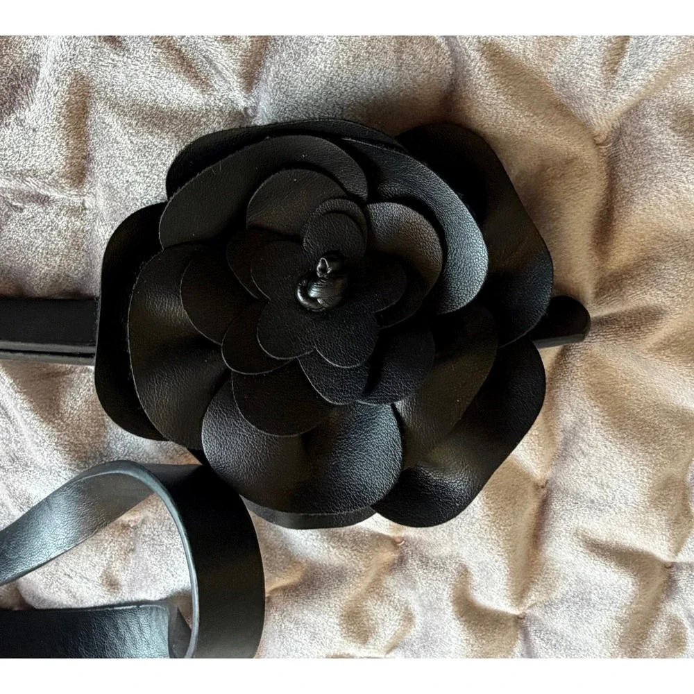 New York‎ & Company Blk Faux Leather Skinny Belt 3D Camellia Flower Rosette L/XL